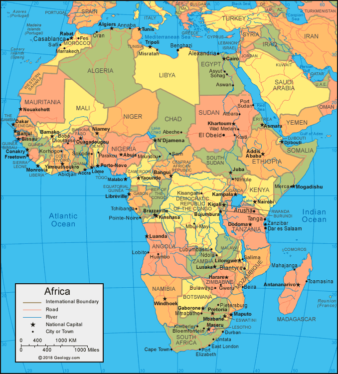 A green, orange, red, and yellow map of Africa