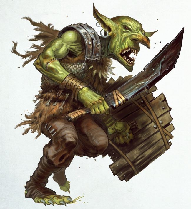 A side profile of a green goblin with a sword, a wooden shield, and steel and wool armor and clothing. He is barefoot and scowling.